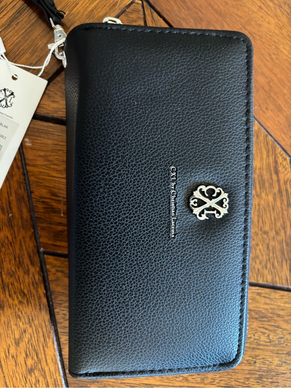Christian Lacroix Black Pebbled Leather Zip Wallet with Silver Emblem